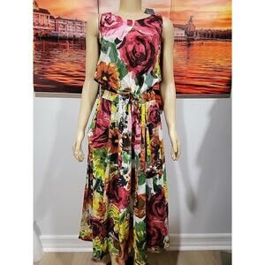 New Ports News Boho Bright Colors Flower Midi Size 6 Dress Drawstrings Waist #C